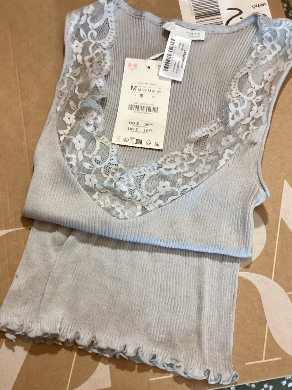 Zara Light Blue Lace-Trim Ribbed Camisole